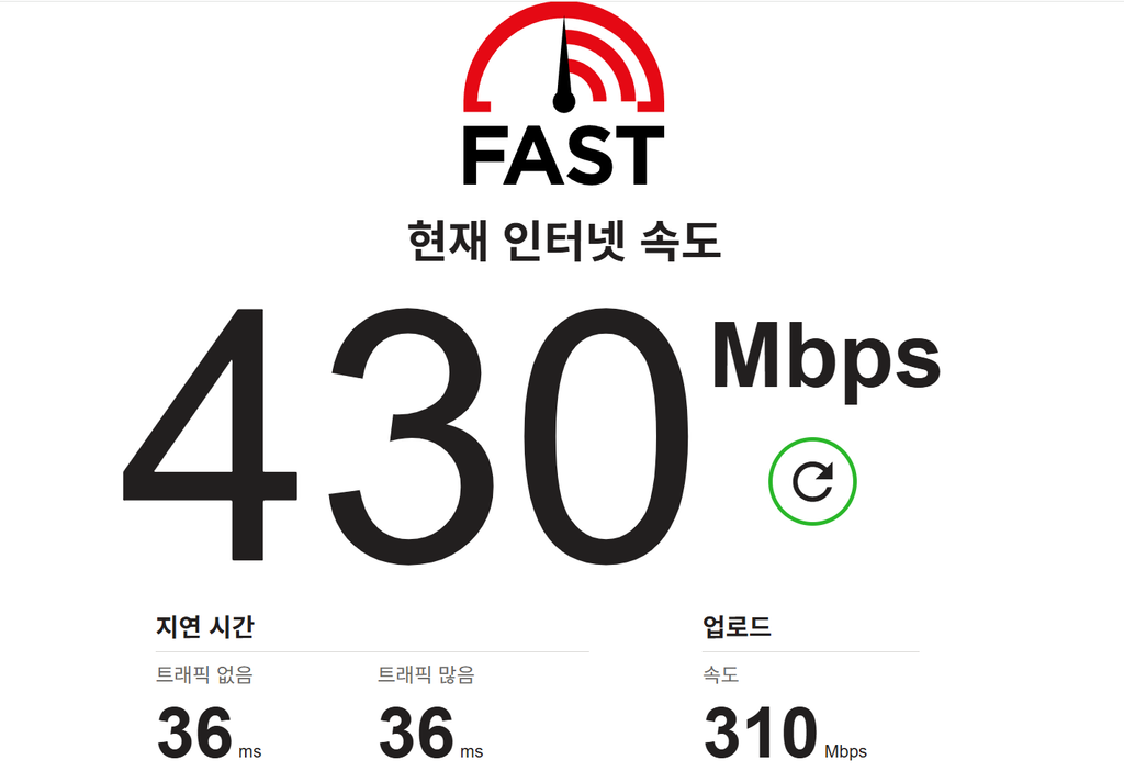 FAST 인터넷 속도 측정 다운로드 업로드 지연 시간 상세 결과