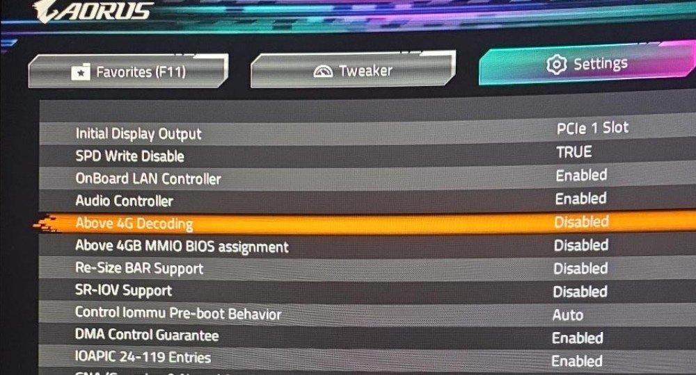 기가바이트 BIOS Above 4G Decoding Re-Size BAR Disabled