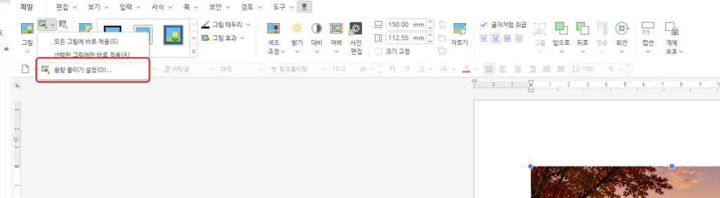 한글 그림 메뉴 용량 줄이기 설정 위치