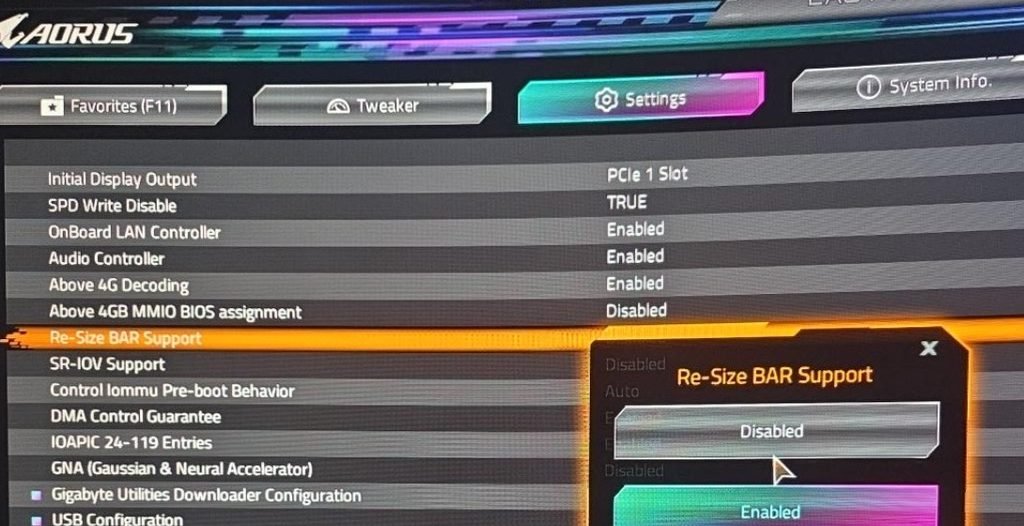기가바이트 BIOS Re Size BAR Support Enabled 설정