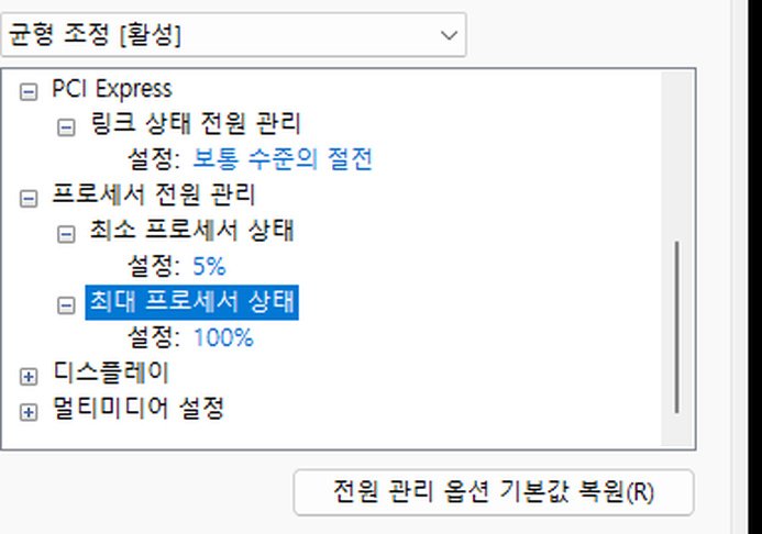 윈도우11 최대 프로세서 상태 100% 설정 완료