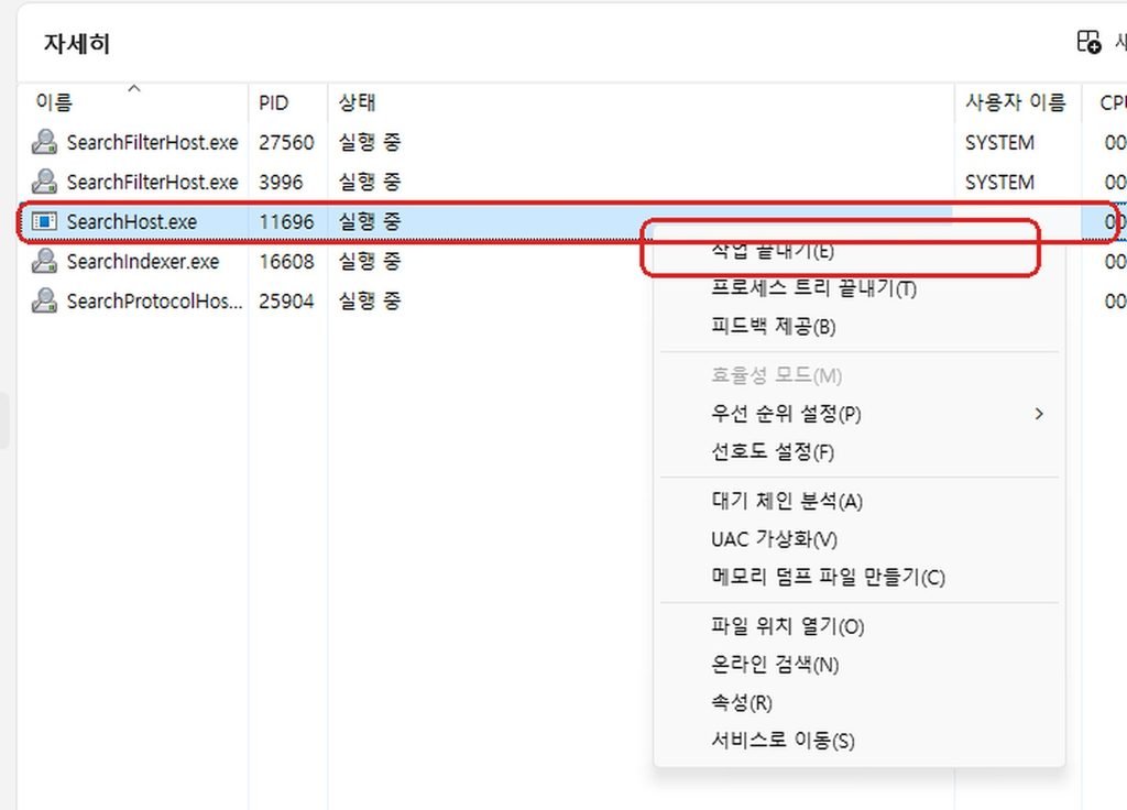 SearchHost.exe 작업 끝내기 메뉴