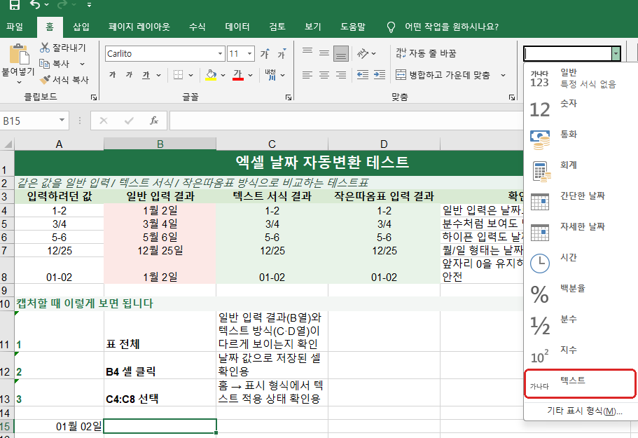 엑셀 표시 형식 텍스트 선택 방법