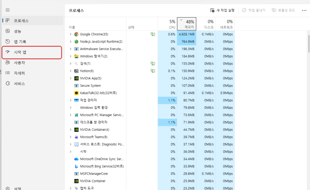 윈도우11 작업 관리자 시작 앱 메뉴