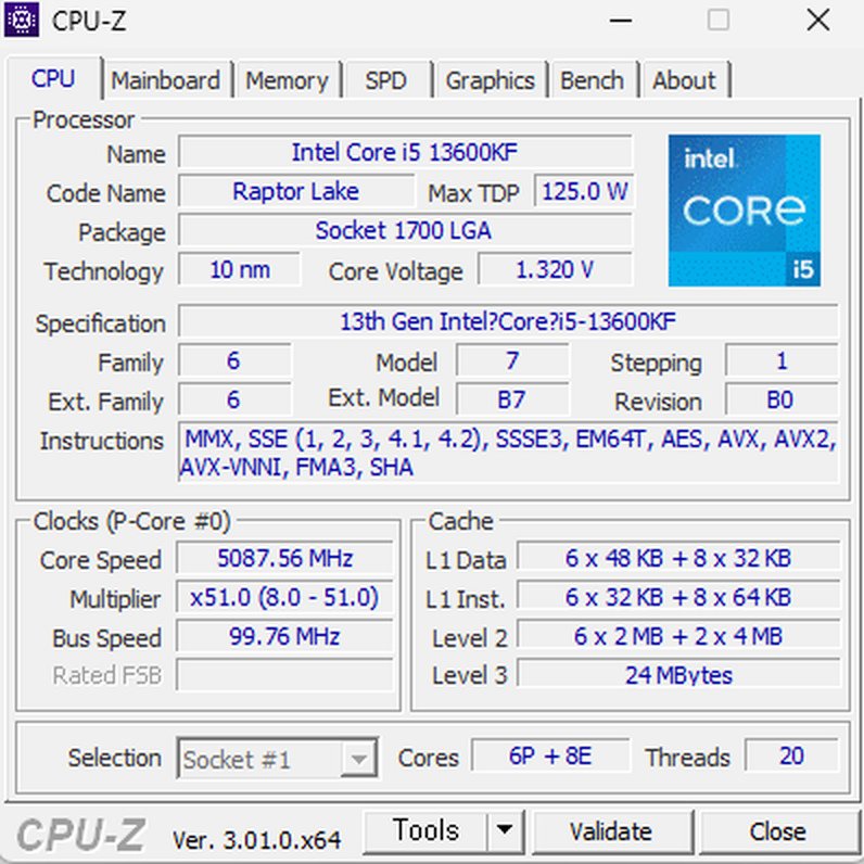 CPU 성능 확인 Intel Core i5 13600KF 5087MHz 터보 클럭