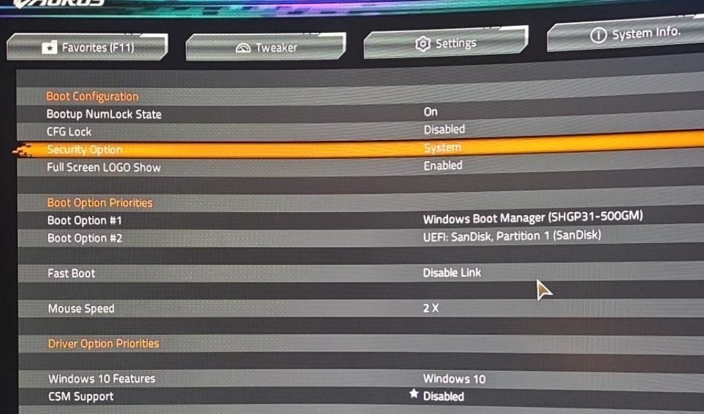 기가바이트 BIOS CSM Support Disabled 설정