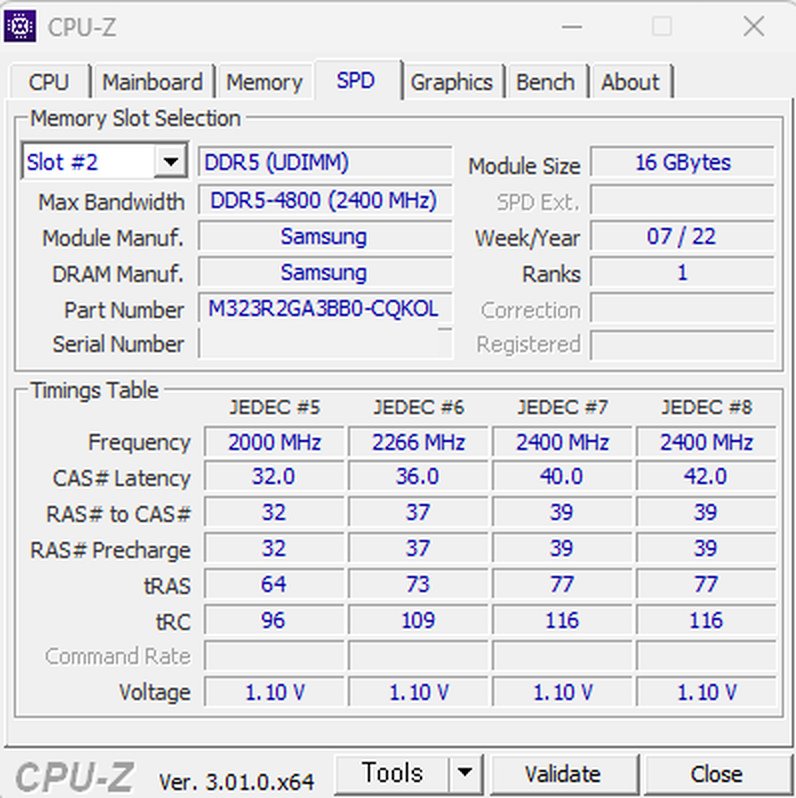 CPU-Z SPD 삼성 DDR5 4800 16GB RAM 사양 확인