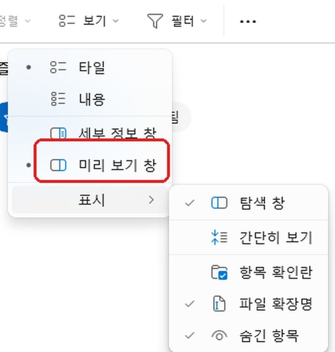 윈도우11 파일탐색기 보기 표시 미리 보기 창