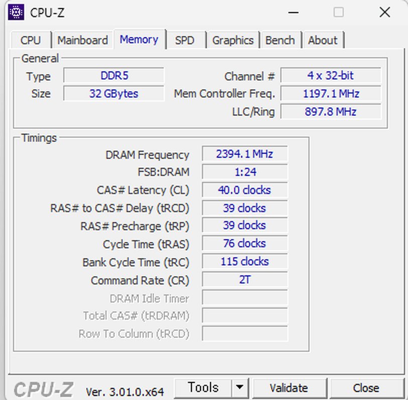 CPU-Z DDR5 RAM DRAM Frequency 2394MHz 확인