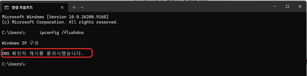 윈도우11 ipconfig flushdns DNS 캐시 초기화 성공 화면