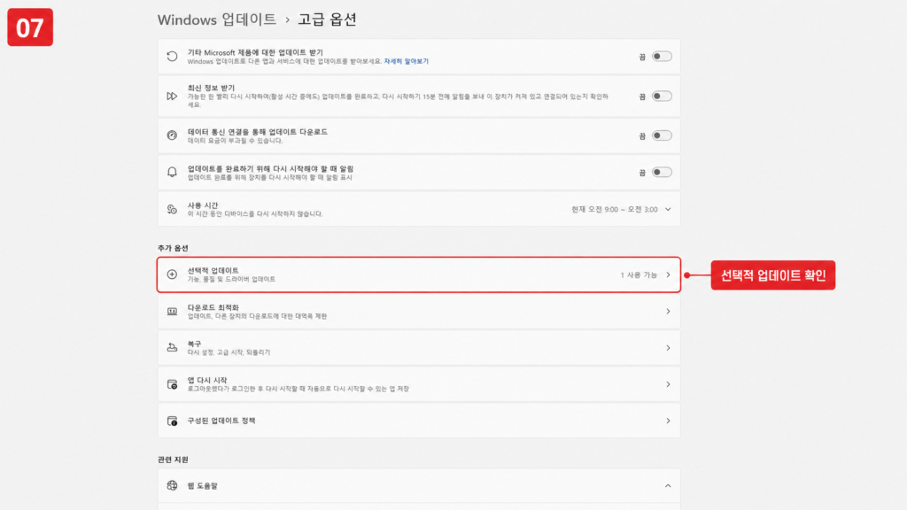 윈도우11 고급 옵션에서 선택적 업데이트 메뉴를 확인하는 화면