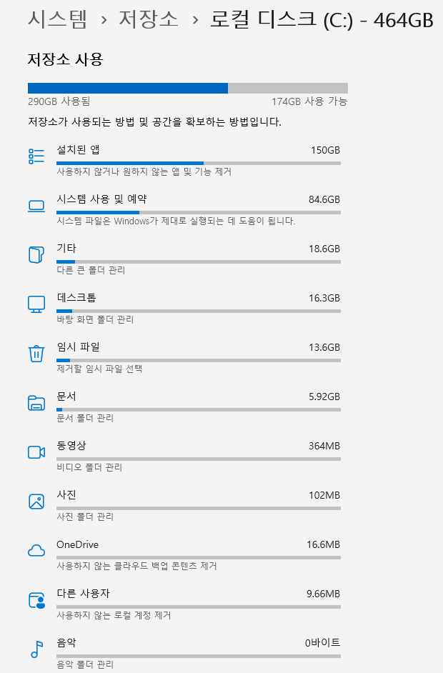 윈도우11 C드라이브 용량이 갑자기 줄었을 때 저장소 사용량 확인