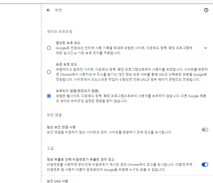 크롬 안전하지 않은 다운로드 세이프 브라우징 설정 화면