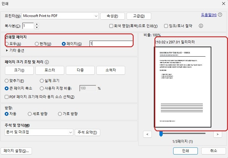 특정 PDF 인쇄 안됨 1페이지만 선택하는 화면