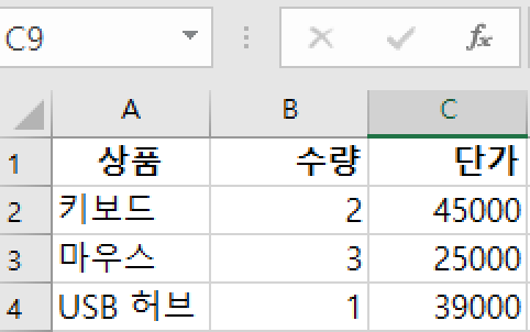 챗GPT 엑셀 사용 테스트 전 상품 수량 단가 표